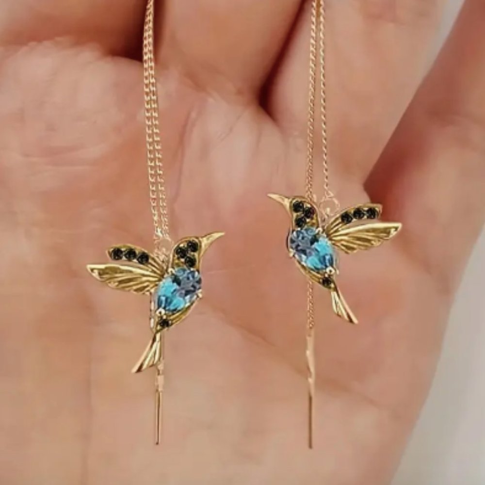 18k Gold Plated Blue Diamond Hummingbird Drop Earrings